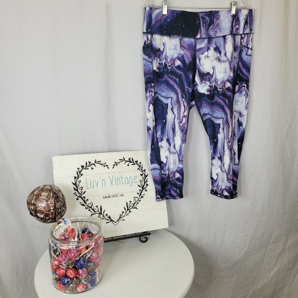 LegEnd Active Purple Marble Swirl Capri Leggings with Pockets Womens 2X